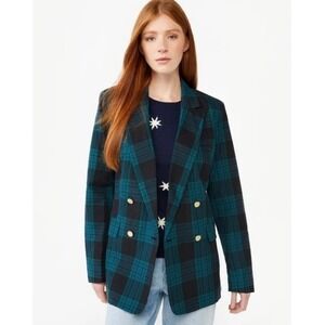 Free Assembly Women's Plaid Double‎ Breasted Blazer Teal Black Gold Buttons XS